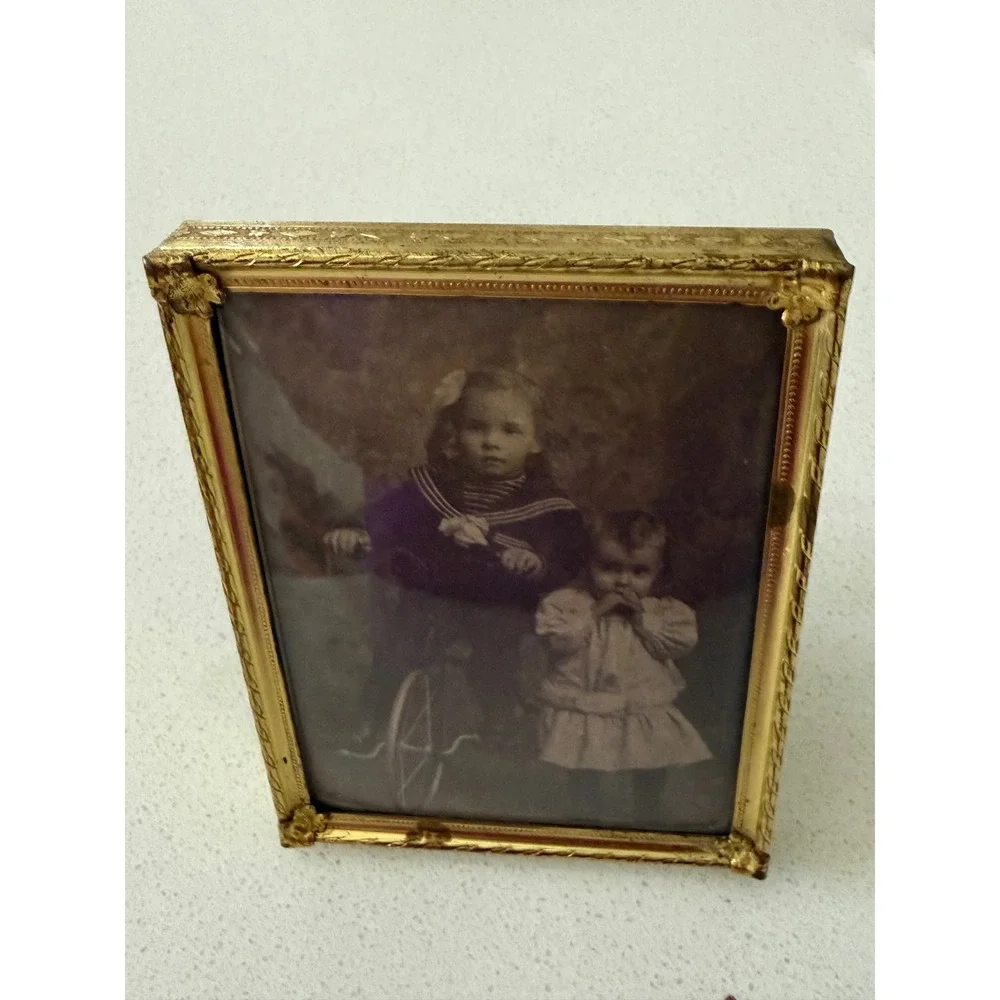 Antique Embossed Gold Metal Picture Frame Sepia Photo Children Tricycle 4.5